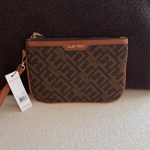 Ellen Tracy Brown Monogram Wristlet with Tan Trim and Gold Hardware